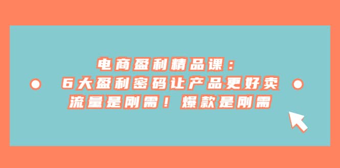 电商 盈利精品课：6大盈利 密码让产品更好卖，流量是刚需！爆款是刚需71快客-网赚-兼职-视频代发71快客网